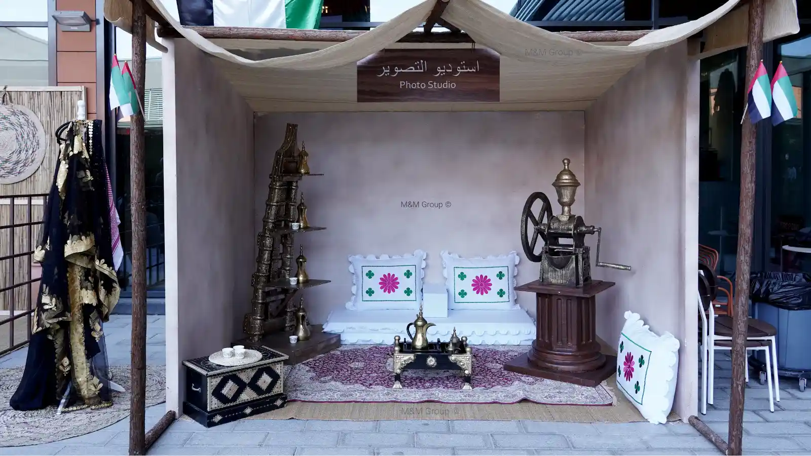 Traditional seating photo studio with Emirati coffee décor for flydubai UAE National Day celebration in Dubai