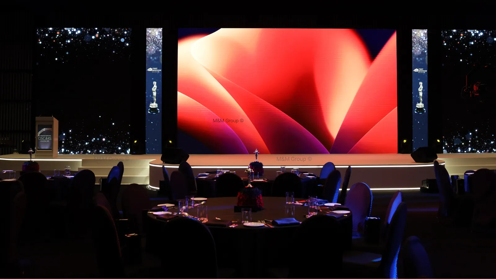 First Response Healthcare Oscars-themed gala dinner LED stage setup at Armani Ballroom in Dubai