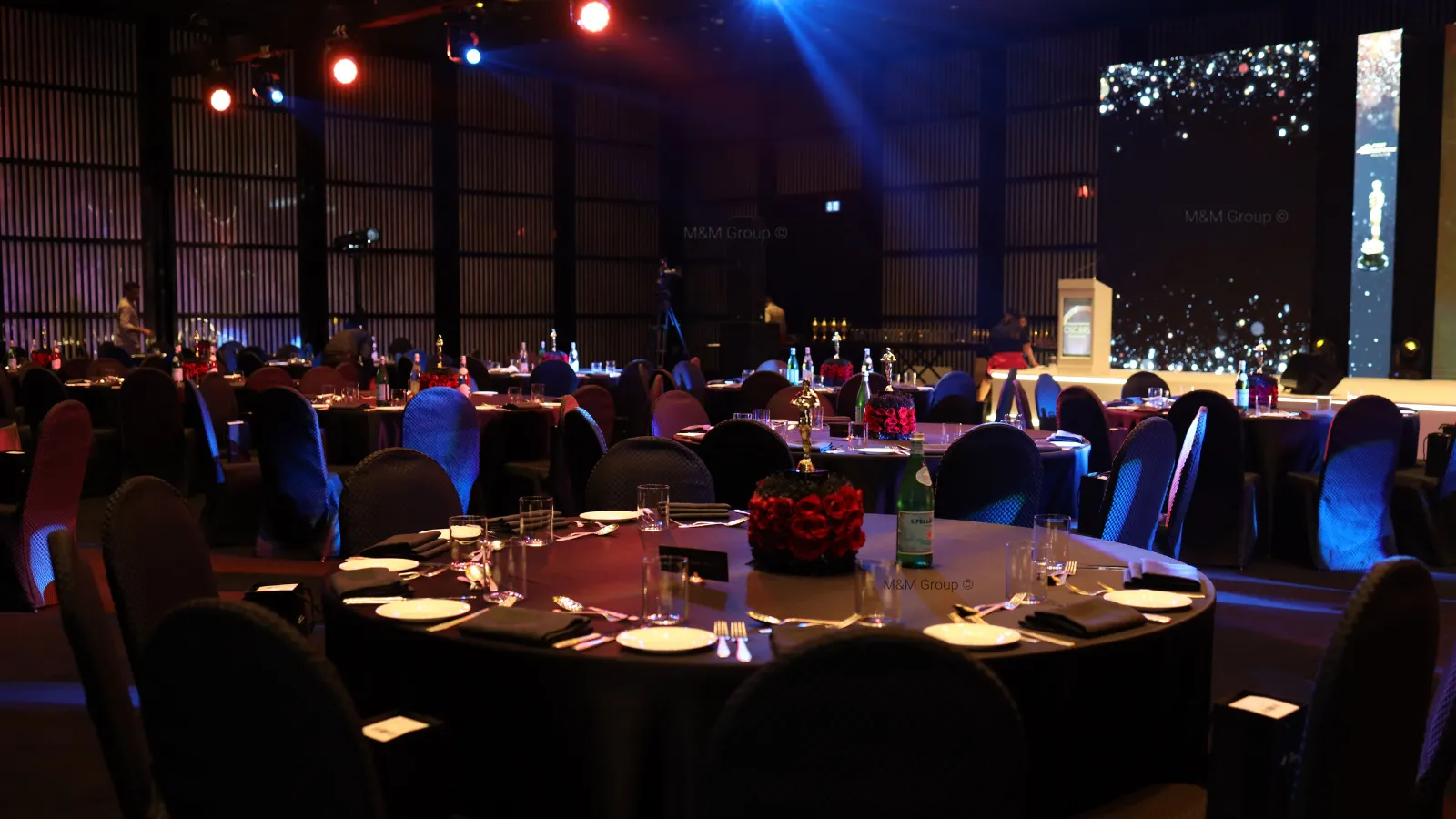 Ballroom dinner seating and LED awards stage for First Response Healthcare Oscars-themed gala in Dubai