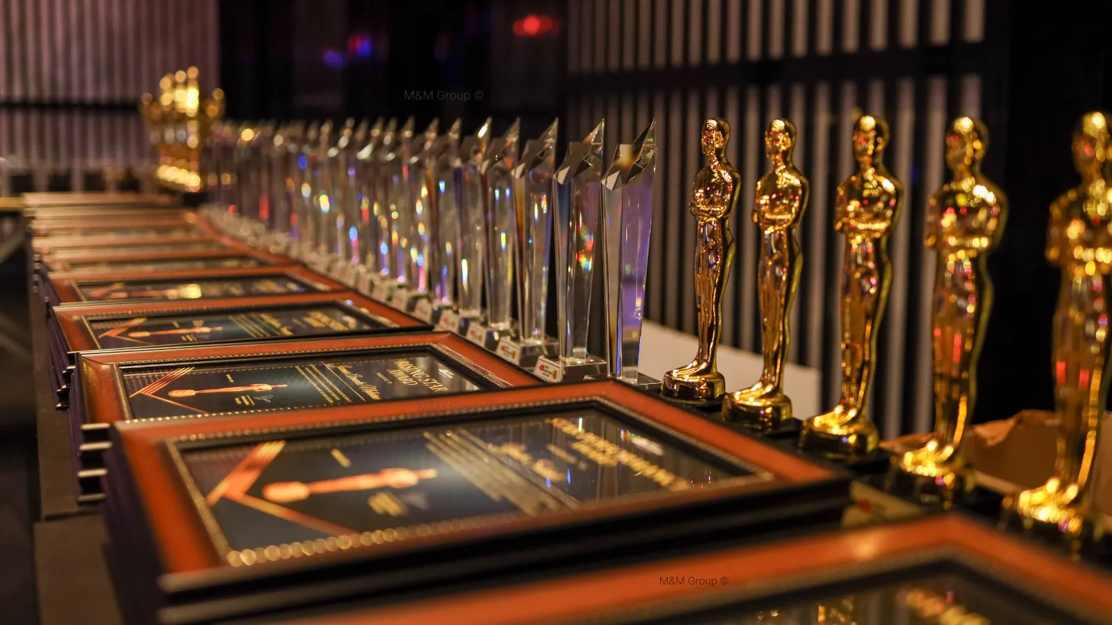 Awards trophies and framed certificates for First Response Healthcare Oscars-themed gala dinner in Dubai